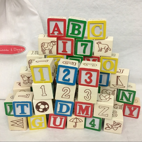 (SOLD)Melissa & Doug Building Blocks 60 Solid Wood Cubes With Storage Bag 123 - Picture 2 of 8